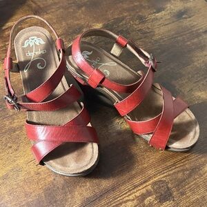 Dansko Frida Red Leather Wedge Multi-Strap Women's Sandals